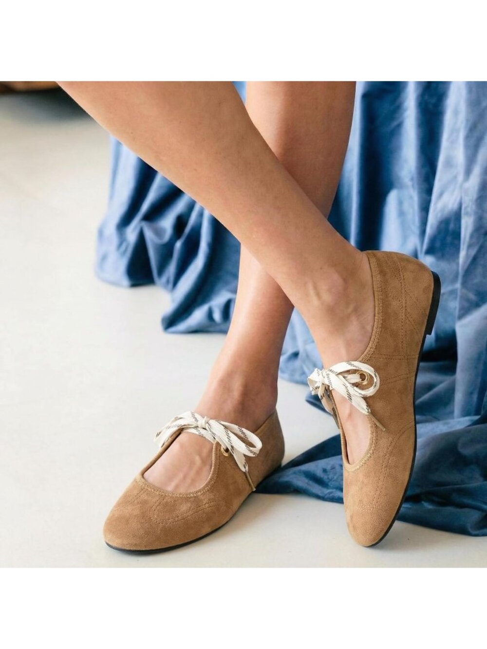 Women's Camel Round Toe Mary Jane Ballerina Lace Up Ballet Flat Sneaker Shoes - Picture 3 of 6
